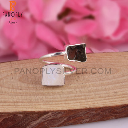 Moldavite & Rainbow Moonstone 925 Sterling Silver Ring