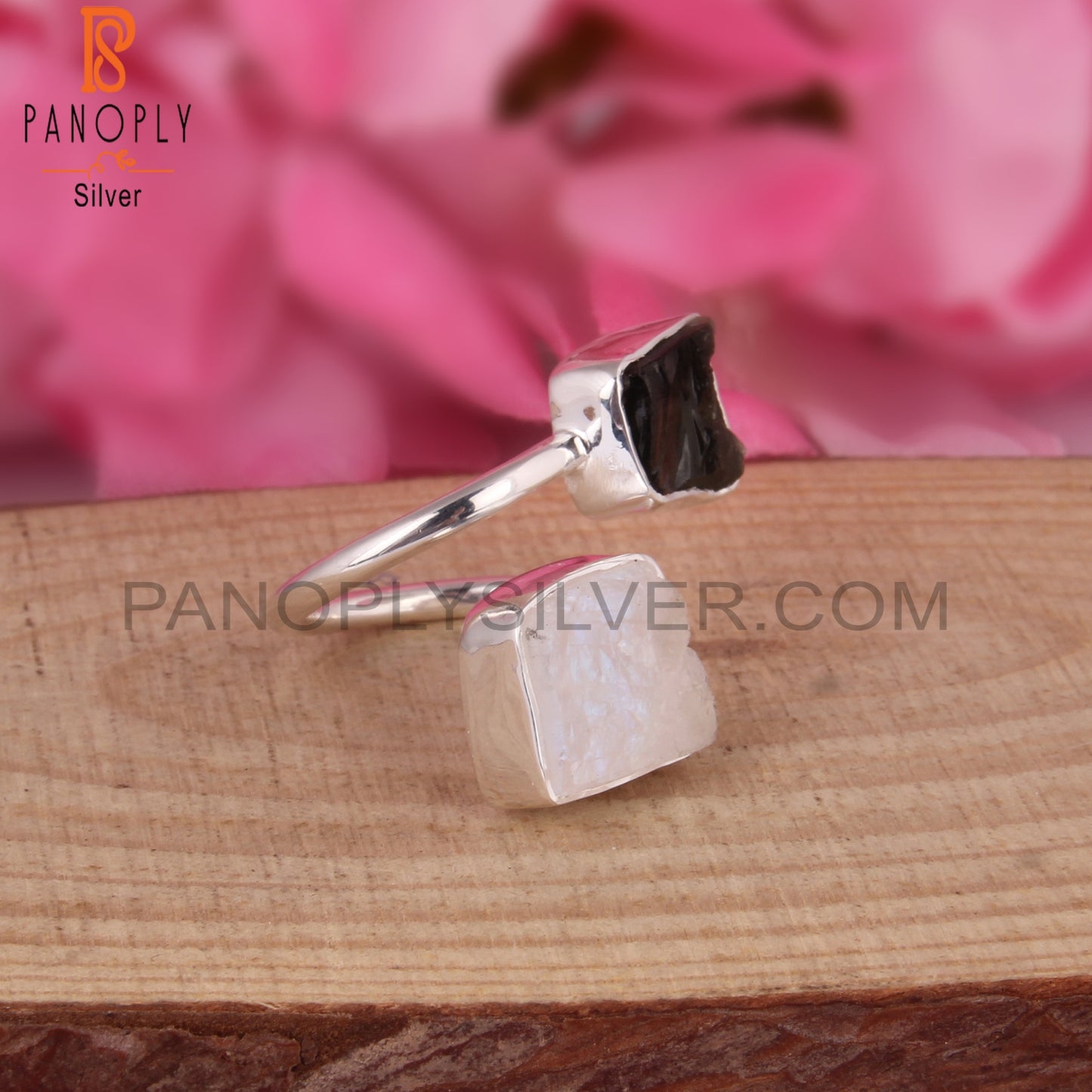 Moldavite & Rainbow Moonstone 925 Sterling Silver Ring