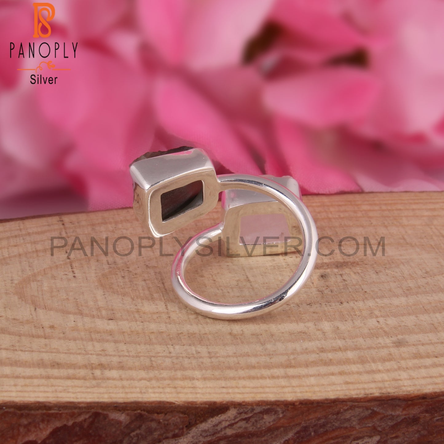 Moldavite & Rainbow Moonstone 925 Sterling Silver Ring