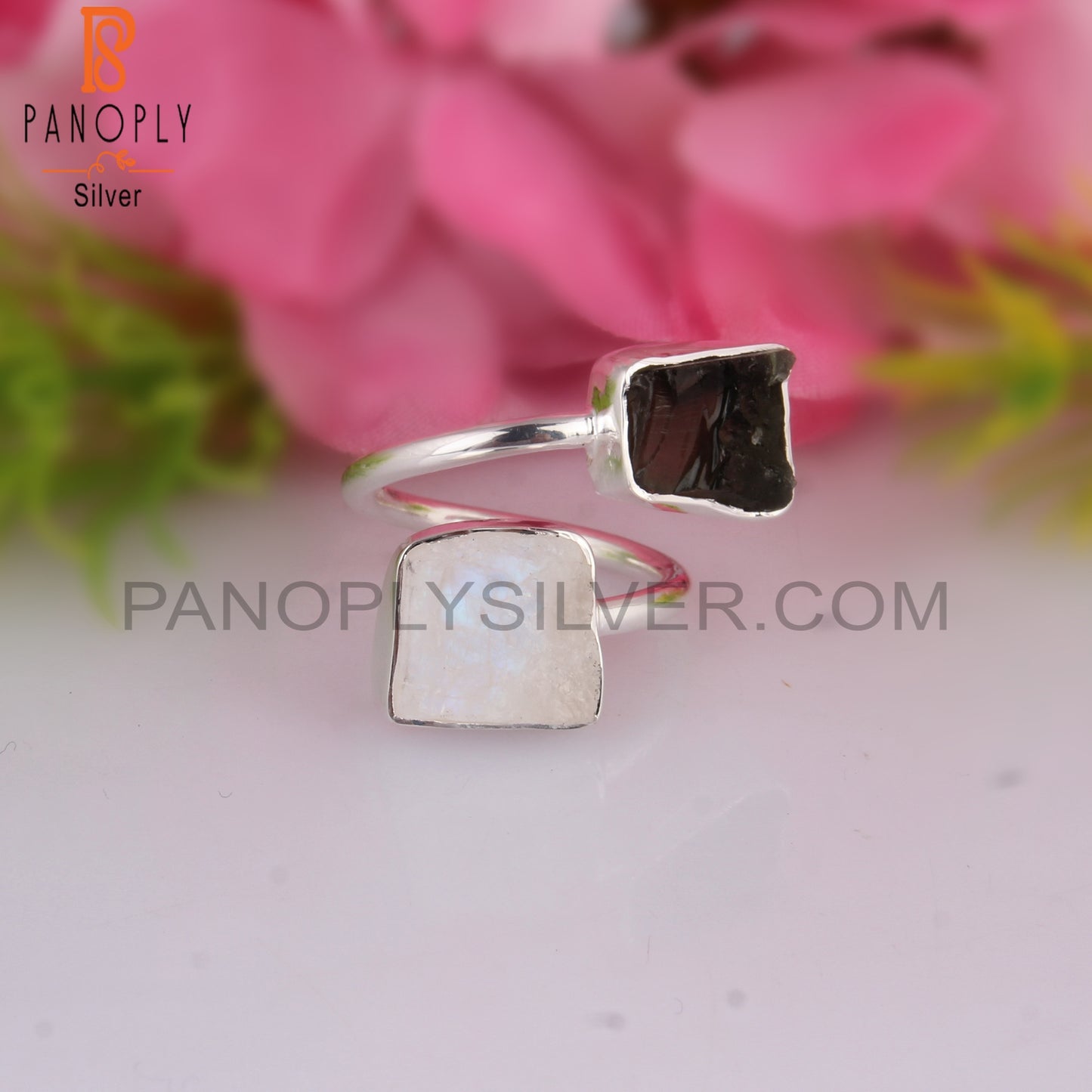 Moldavite & Rainbow Moonstone 925 Sterling Silver Ring