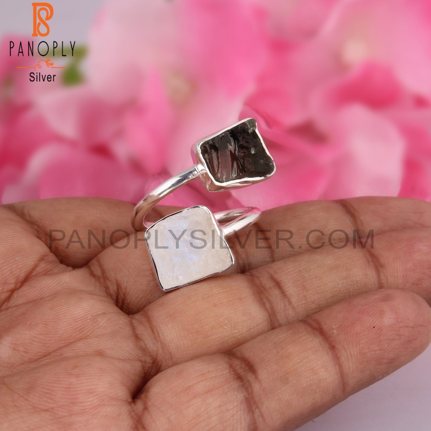 Moldavite & Rainbow Moonstone 925 Sterling Silver Ring