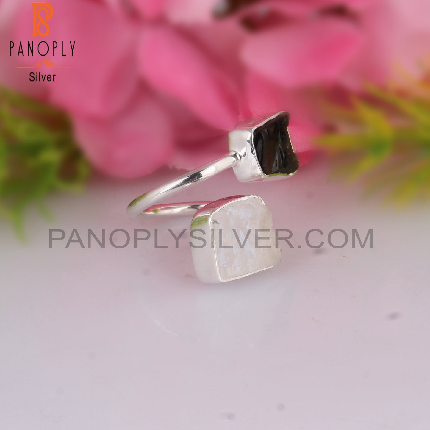 Moldavite & Rainbow Moonstone 925 Sterling Silver Ring