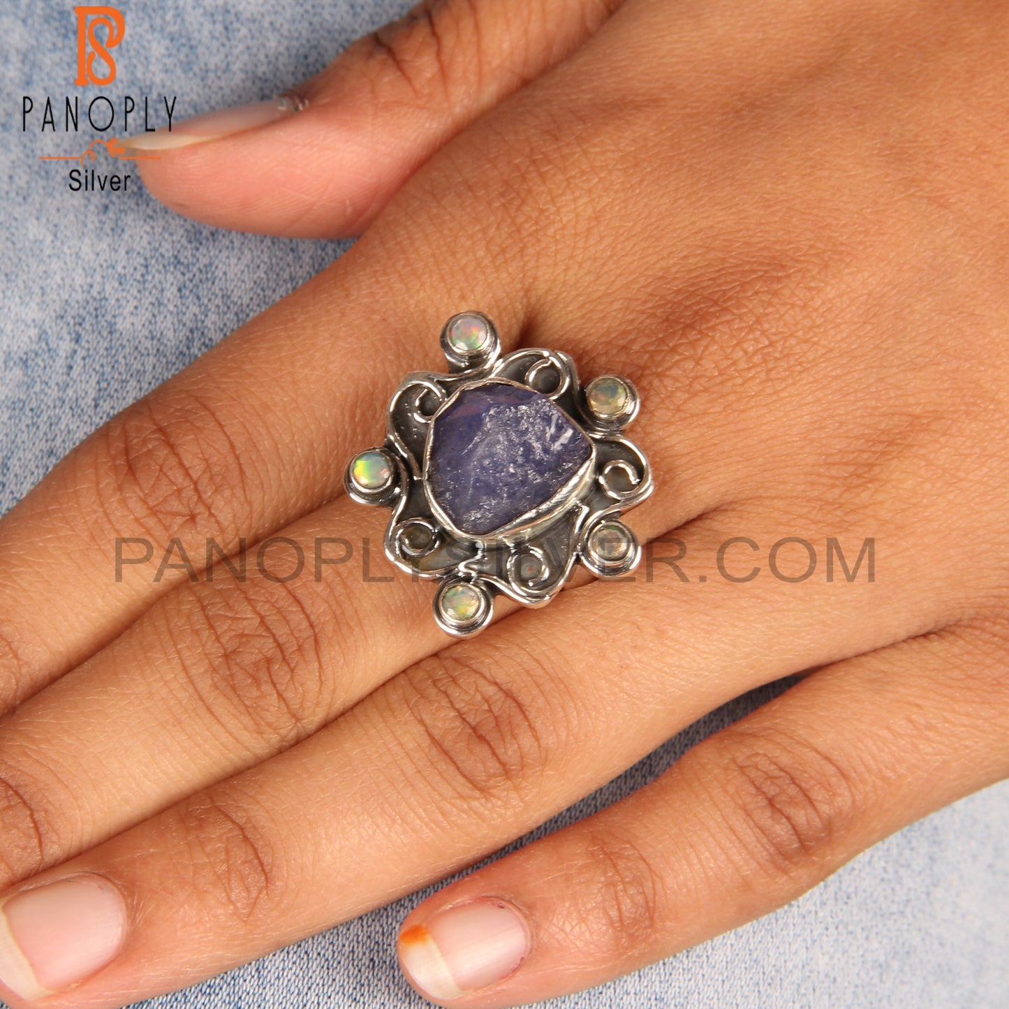 Ethiopian Opal & Tanzanite Stone 925 Sterling Silver Ring