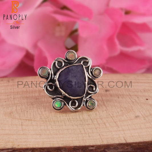 Ethiopian Opal & Tanzanite Stone 925 Sterling Silver Ring