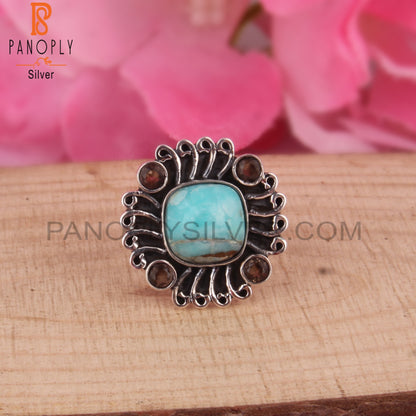 Mojave Copper Amazonite & Smoky 925 Sterling Silver Boho Ring