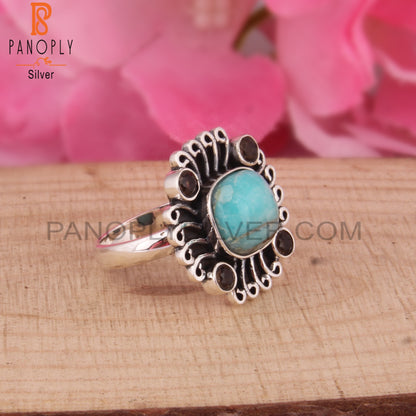 Mojave Copper Amazonite & Smoky 925 Sterling Silver Boho Ring