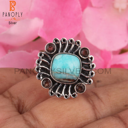 Mojave Copper Amazonite & Smoky 925 Sterling Silver Boho Ring
