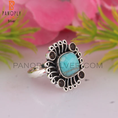 Mojave Copper Amazonite & Smoky 925 Sterling Silver Boho Ring