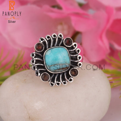 Mojave Copper Amazonite & Smoky 925 Sterling Silver Boho Ring