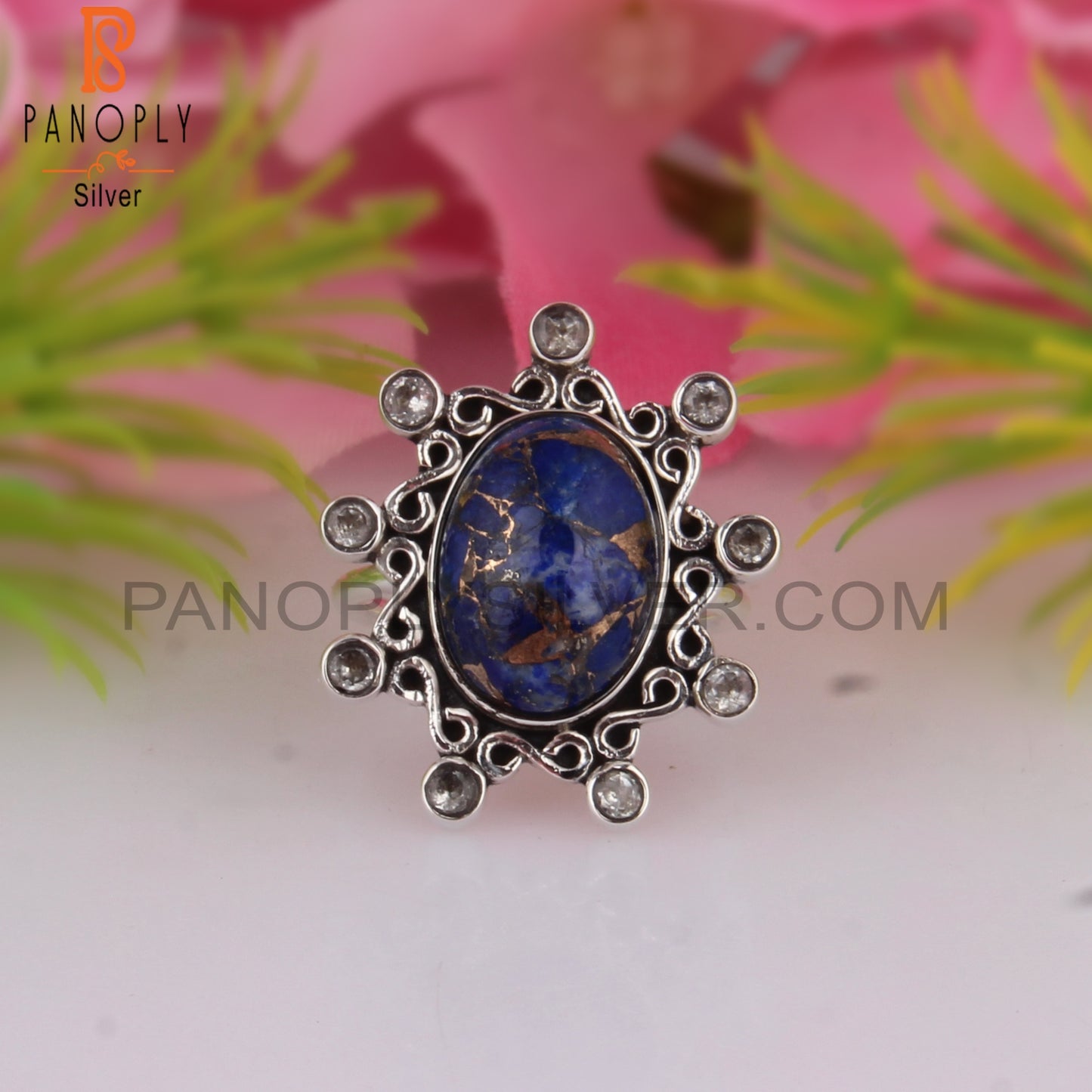 Mojave Copper Lapis & White Topaz 925 Sterling Silver Ring