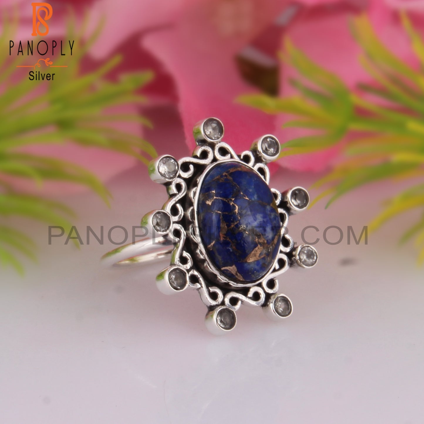 Mojave Copper Lapis & White Topaz 925 Sterling Silver Ring