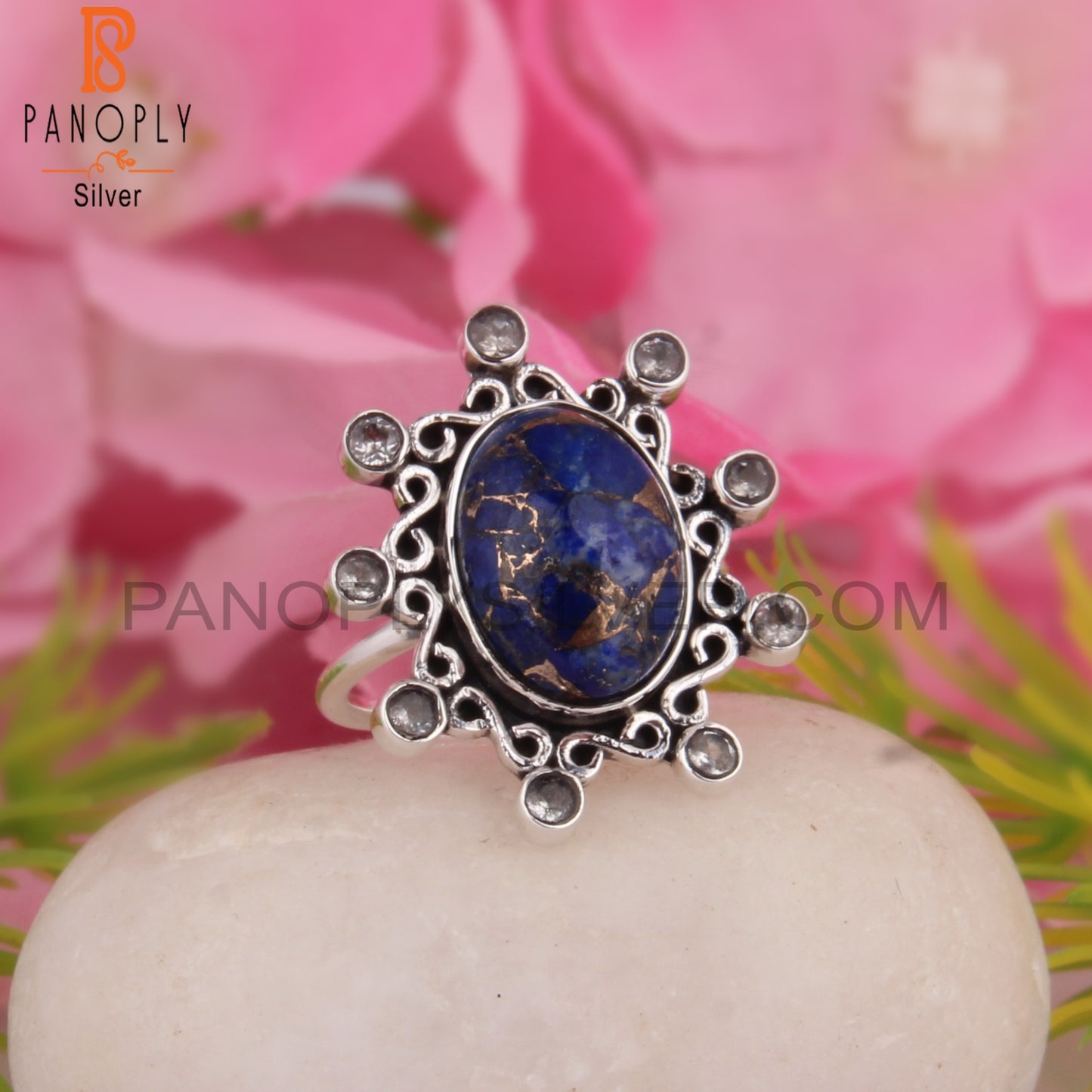 Mojave Copper Lapis & White Topaz 925 Sterling Silver Ring