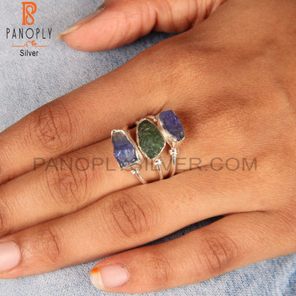 Emerald & Tanzanite Simple 925 Sterling Silver Ring