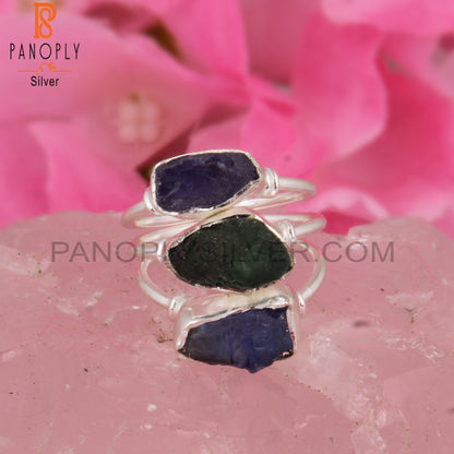 Emerald & Tanzanite Simple 925 Sterling Silver Ring