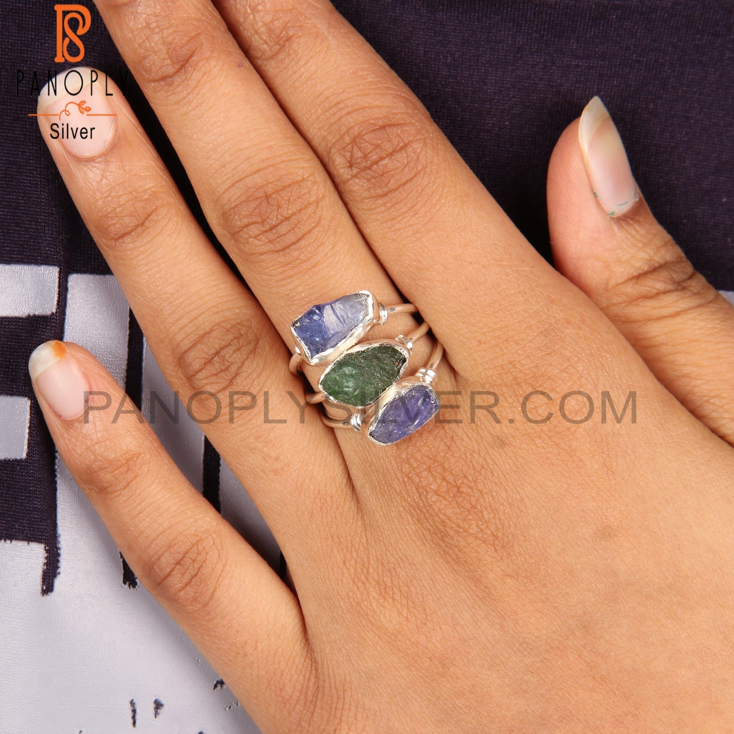 Emerald & Tanzanite Simple 925 Sterling Silver Ring