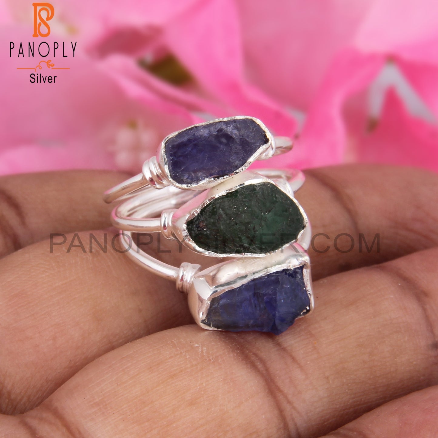 Emerald & Tanzanite Simple 925 Sterling Silver Ring