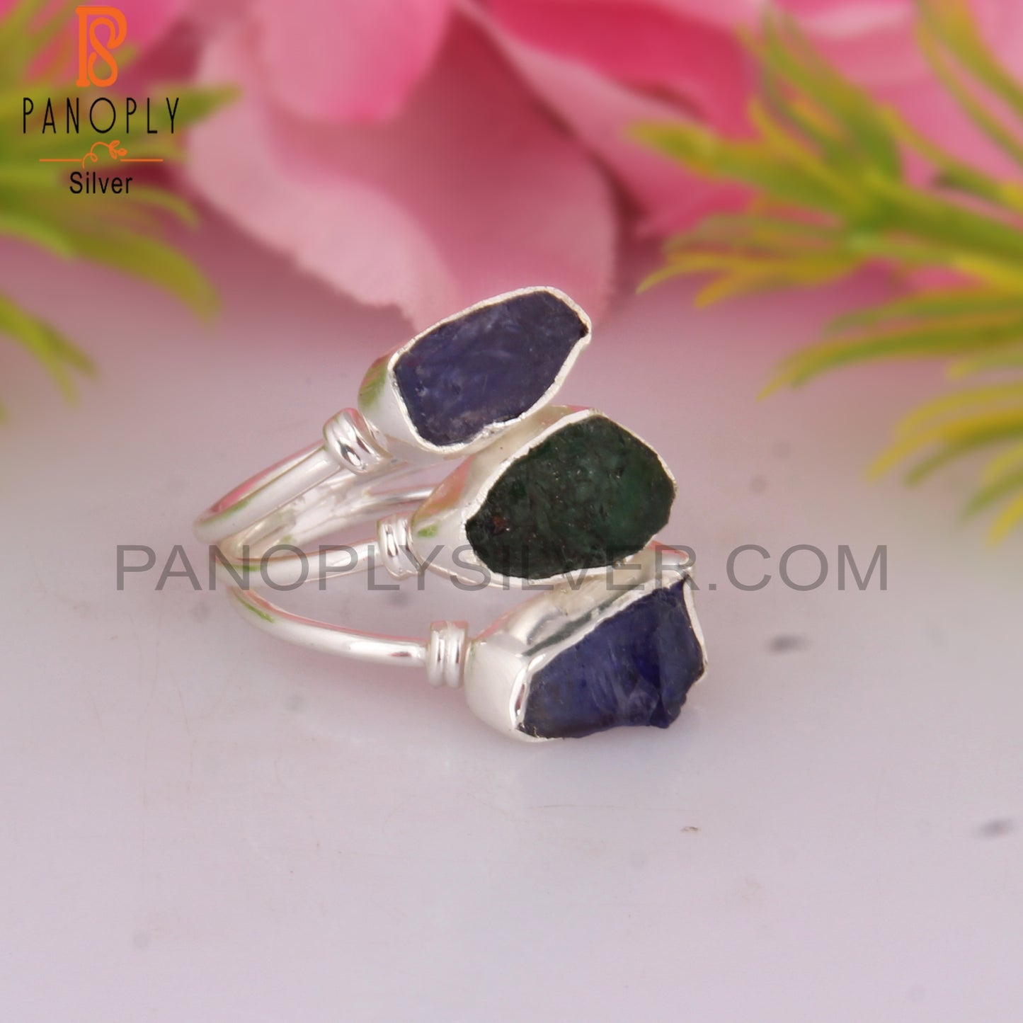 Emerald & Tanzanite Simple 925 Sterling Silver Ring