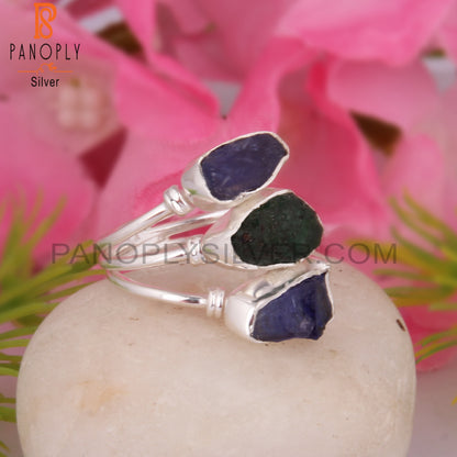 Emerald & Tanzanite Simple 925 Sterling Silver Ring