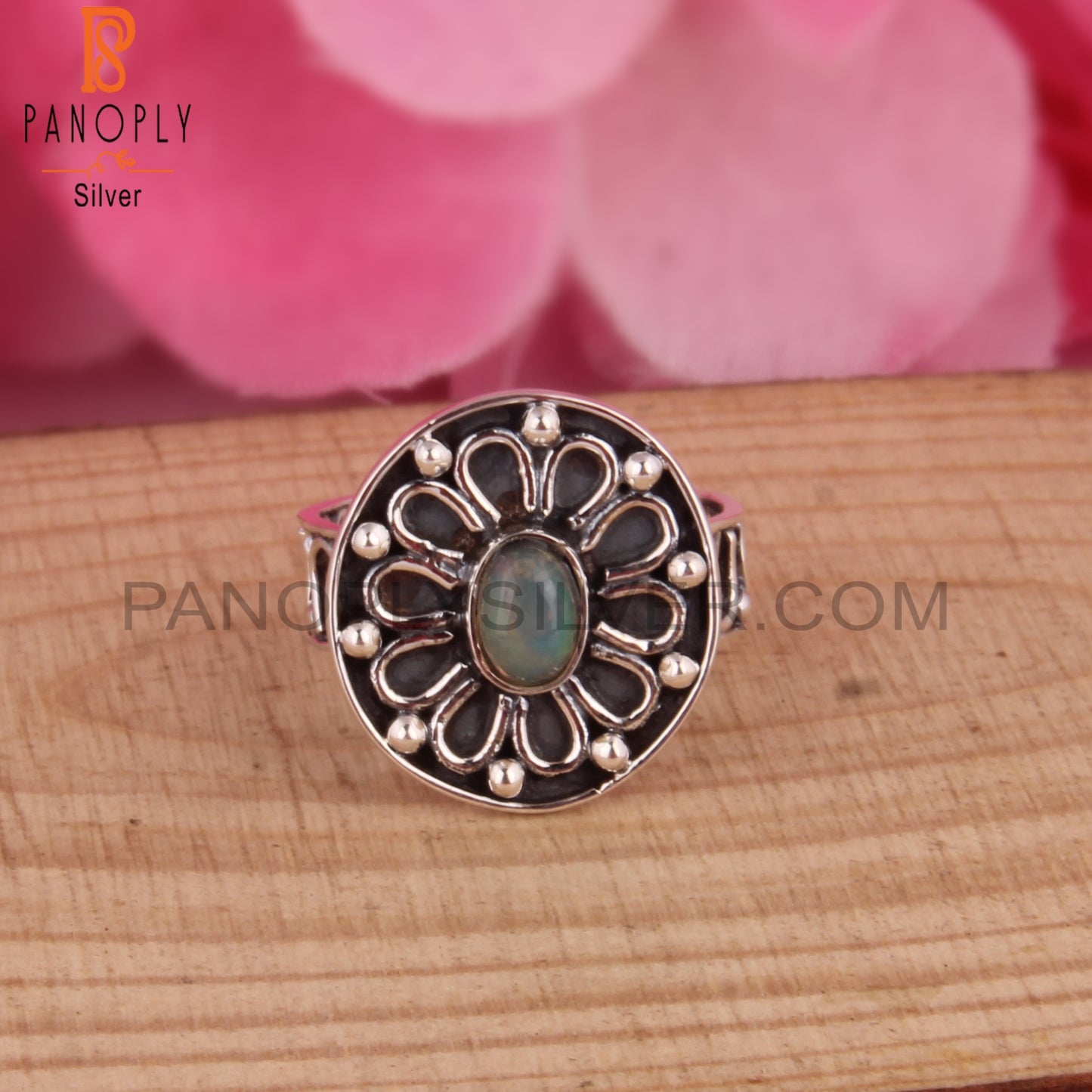 Ethiopian Opal 925 Sterling Silver Stamp Anniversary Ring