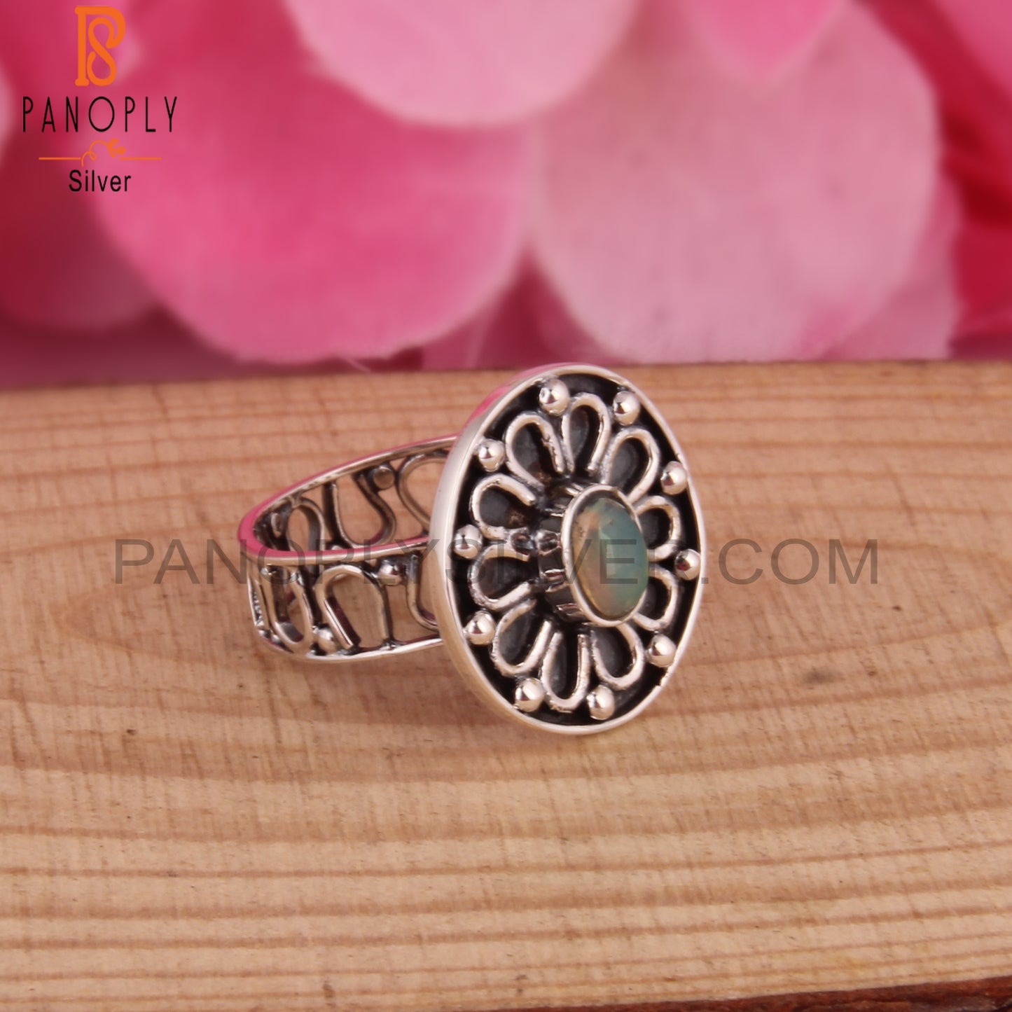 Ethiopian Opal 925 Sterling Silver Stamp Anniversary Ring