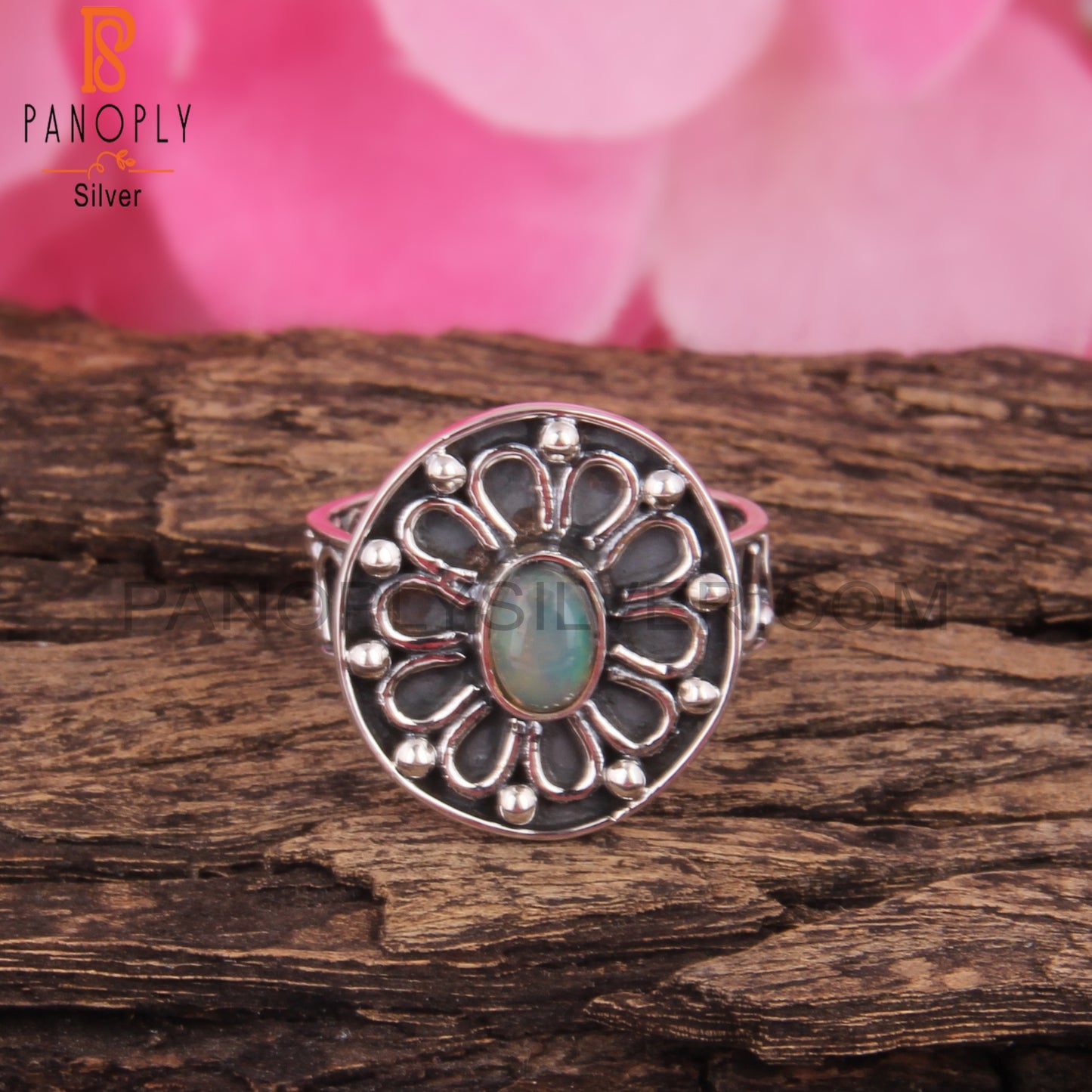 Ethiopian Opal 925 Sterling Silver Stamp Anniversary Ring