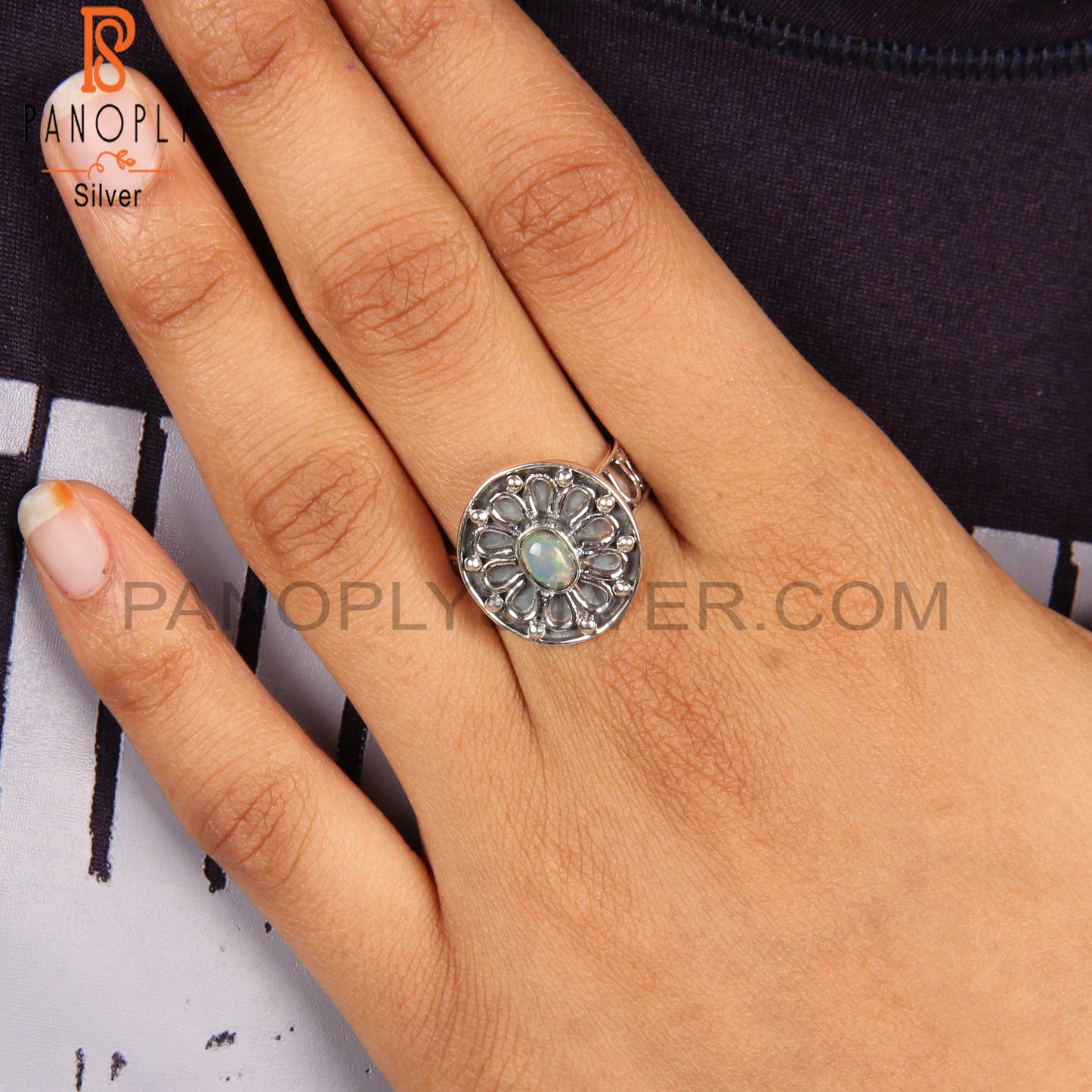 Ethiopian Opal 925 Sterling Silver Stamp Anniversary Ring