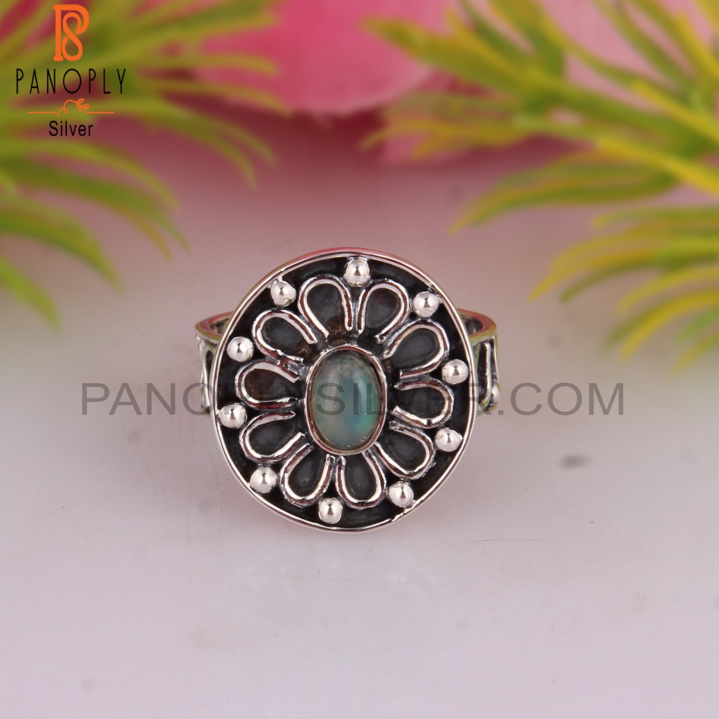 Ethiopian Opal 925 Sterling Silver Stamp Anniversary Ring