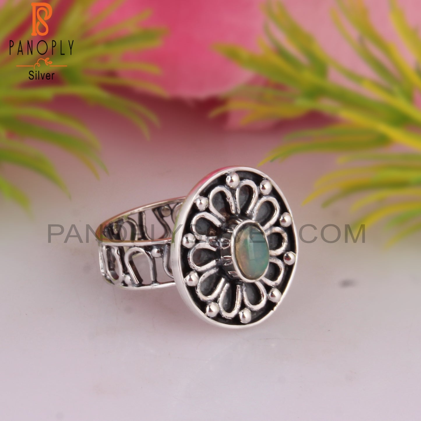 Ethiopian Opal 925 Sterling Silver Stamp Anniversary Ring