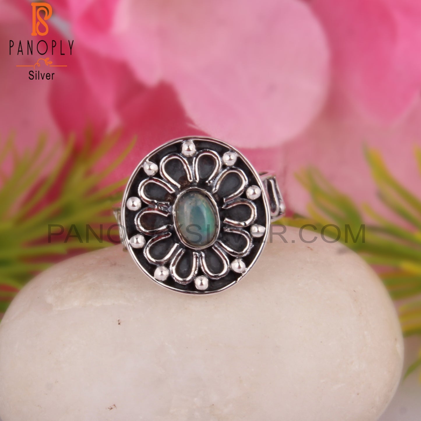 Ethiopian Opal 925 Sterling Silver Stamp Anniversary Ring