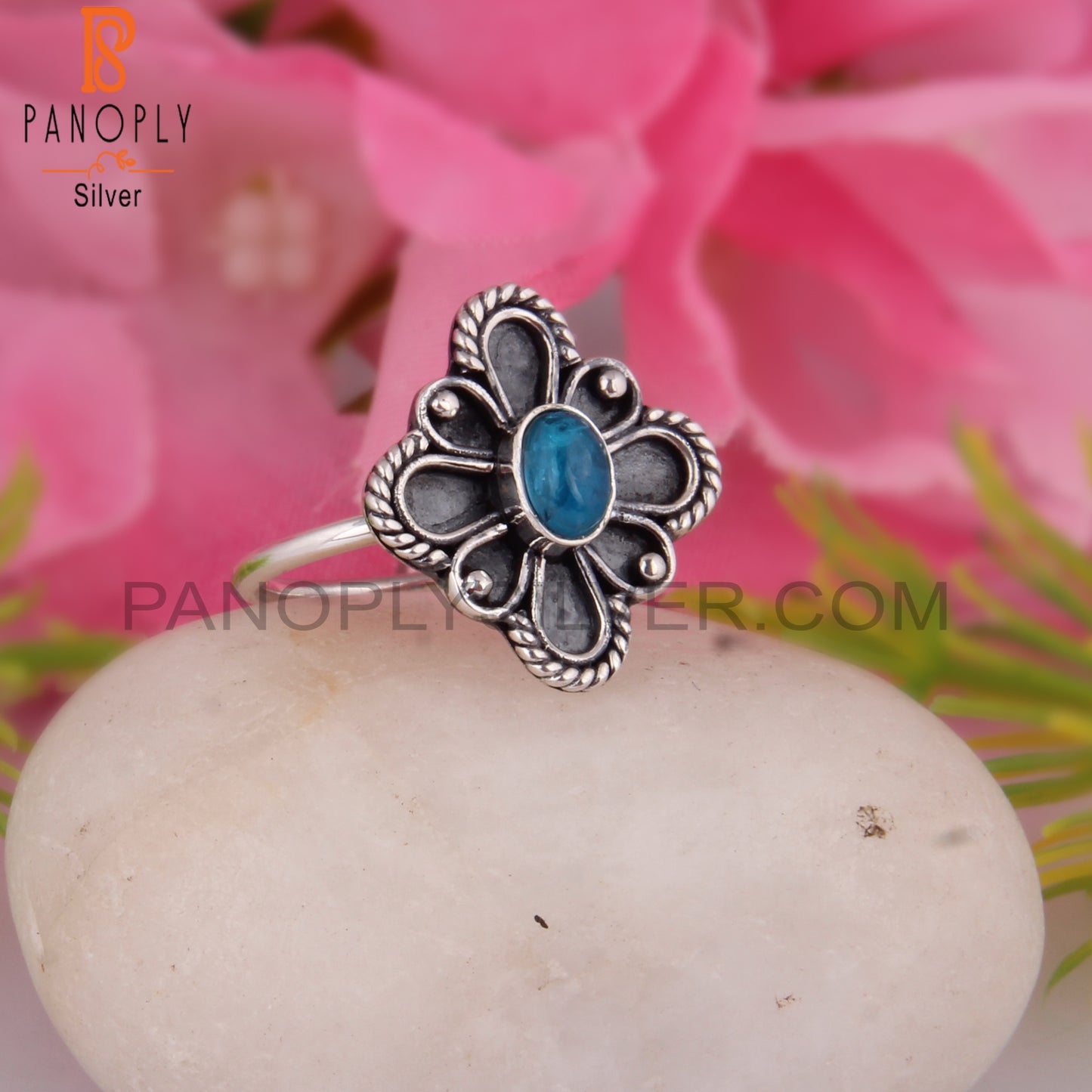 Neon Apatite Oval Shape 925 Sterling Silver Floral Ring