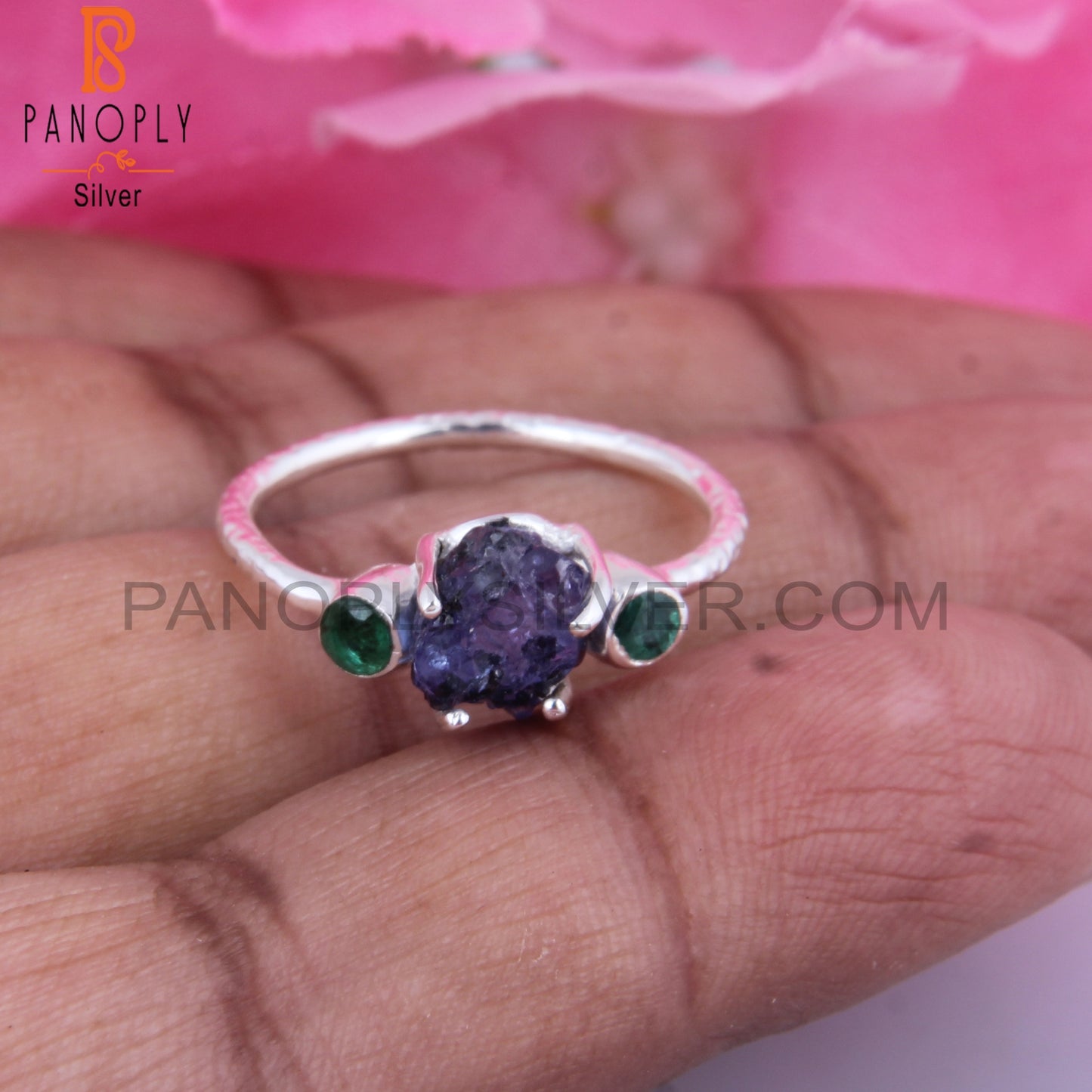 Emerald & Tanzanite 925 Silver Ring For Christmas, Birthday