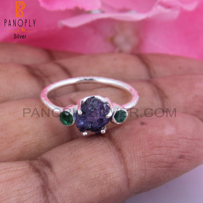 Emerald & Tanzanite 925 Silver Ring For Christmas, Birthday
