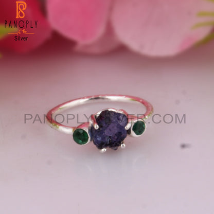 Emerald & Tanzanite 925 Silver Ring For Christmas, Birthday