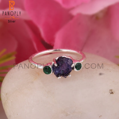 Emerald & Tanzanite 925 Silver Ring For Christmas, Birthday