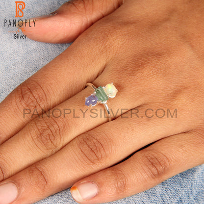 Ethiopian Opal, Tanzanite & Emerald 925 Sterling Silver Ring