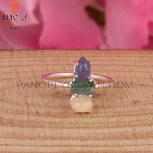 Ethiopian Opal, Tanzanite & Emerald 925 Sterling Silver Ring