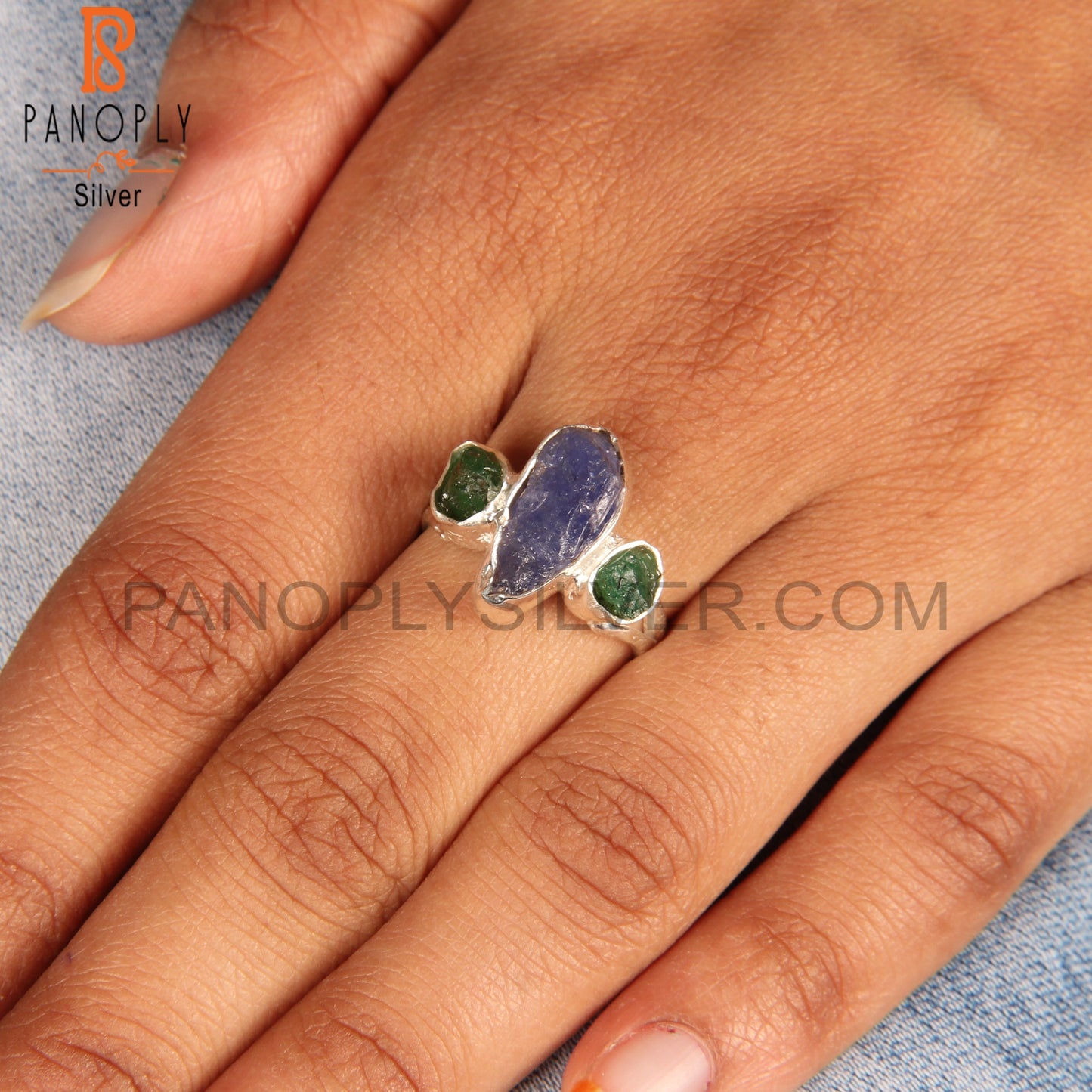 Emerald & Tanzanite 925 Silver Unique Stackable Ring