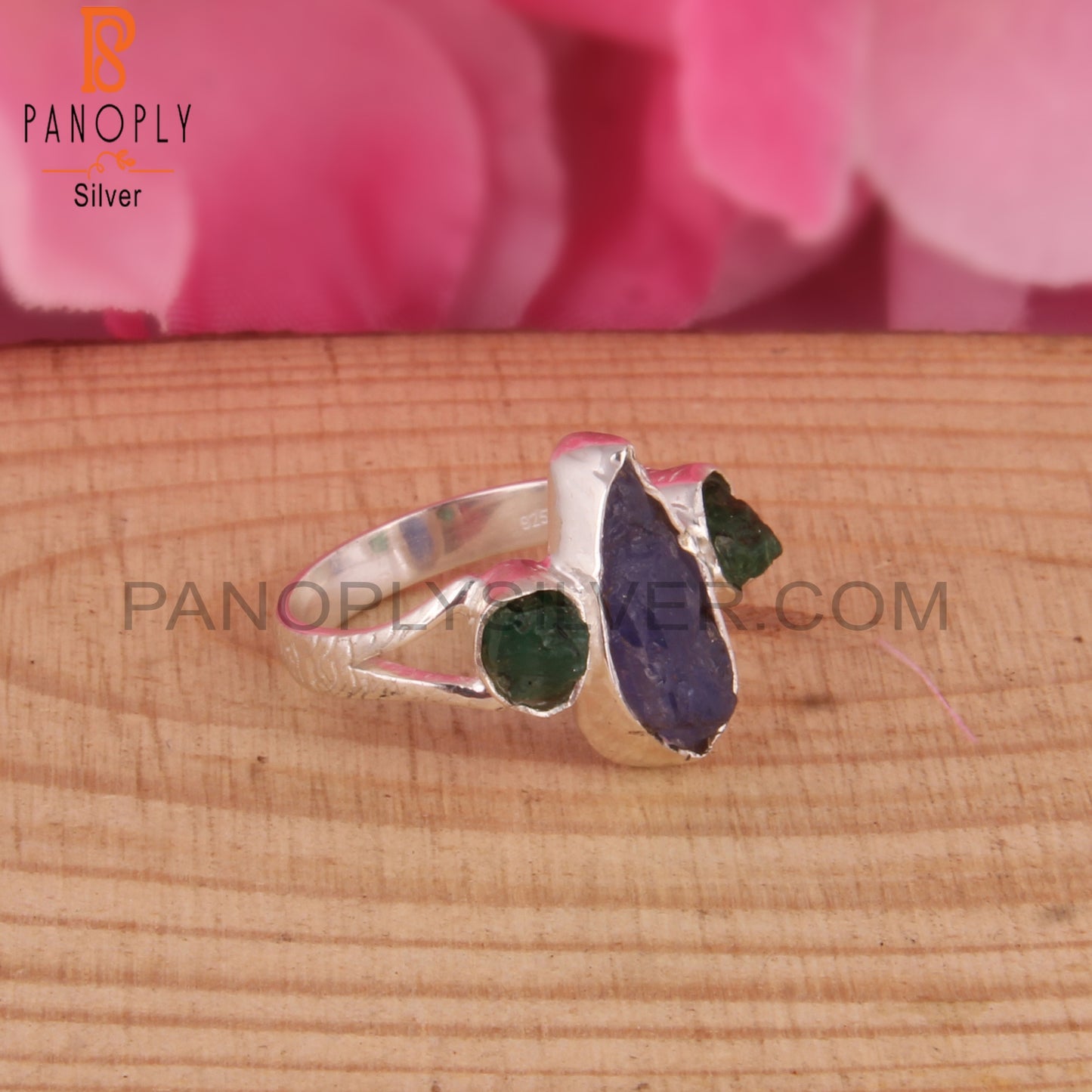 Emerald & Tanzanite 925 Silver Unique Stackable Ring