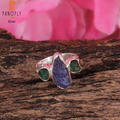 Emerald & Tanzanite 925 Silver Unique Stackable Ring