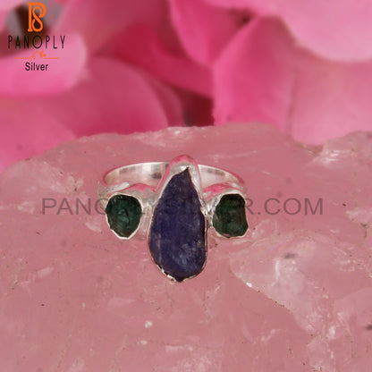 Emerald & Tanzanite 925 Silver Unique Stackable Ring