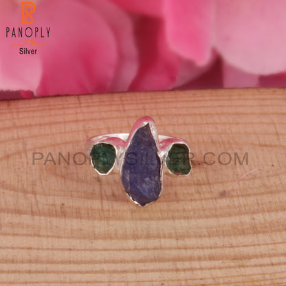 Emerald & Tanzanite 925 Silver Unique Stackable Ring