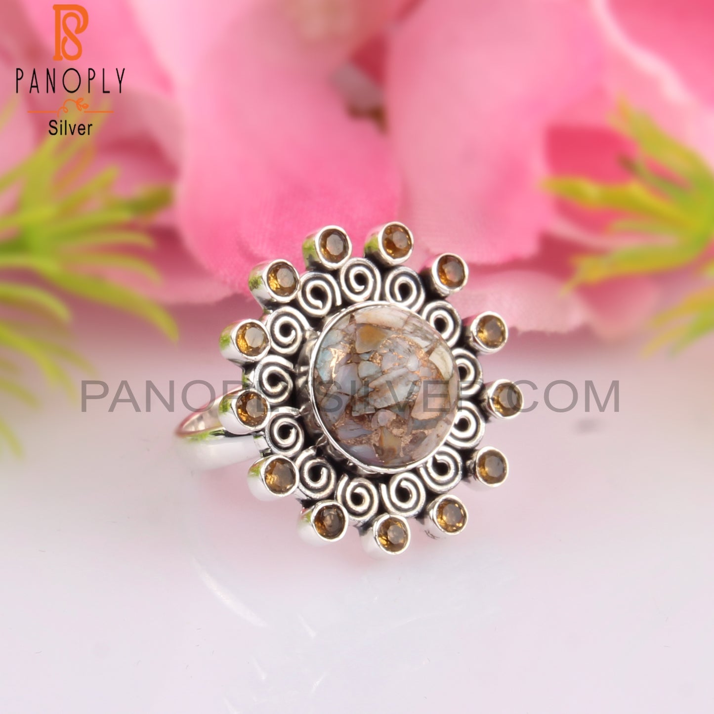 Mojave Copper Ethiopian Opal & Citrine Round 925 Silver Ring