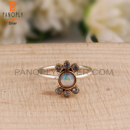 Ethiopian Opal & Blue Topaz Round 925 Sterling Silver Ring