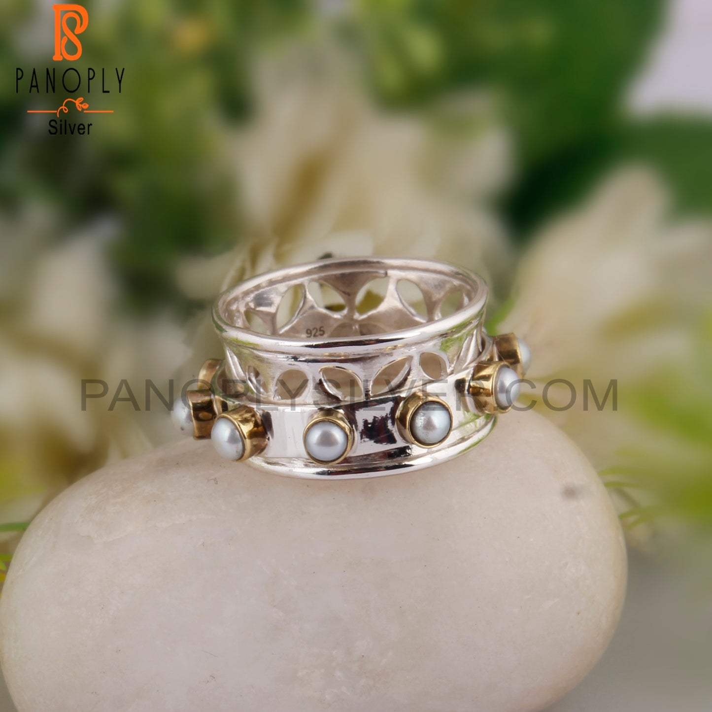 Rare Elegant Pearl Round Shape 925 Sterling Silver Ring