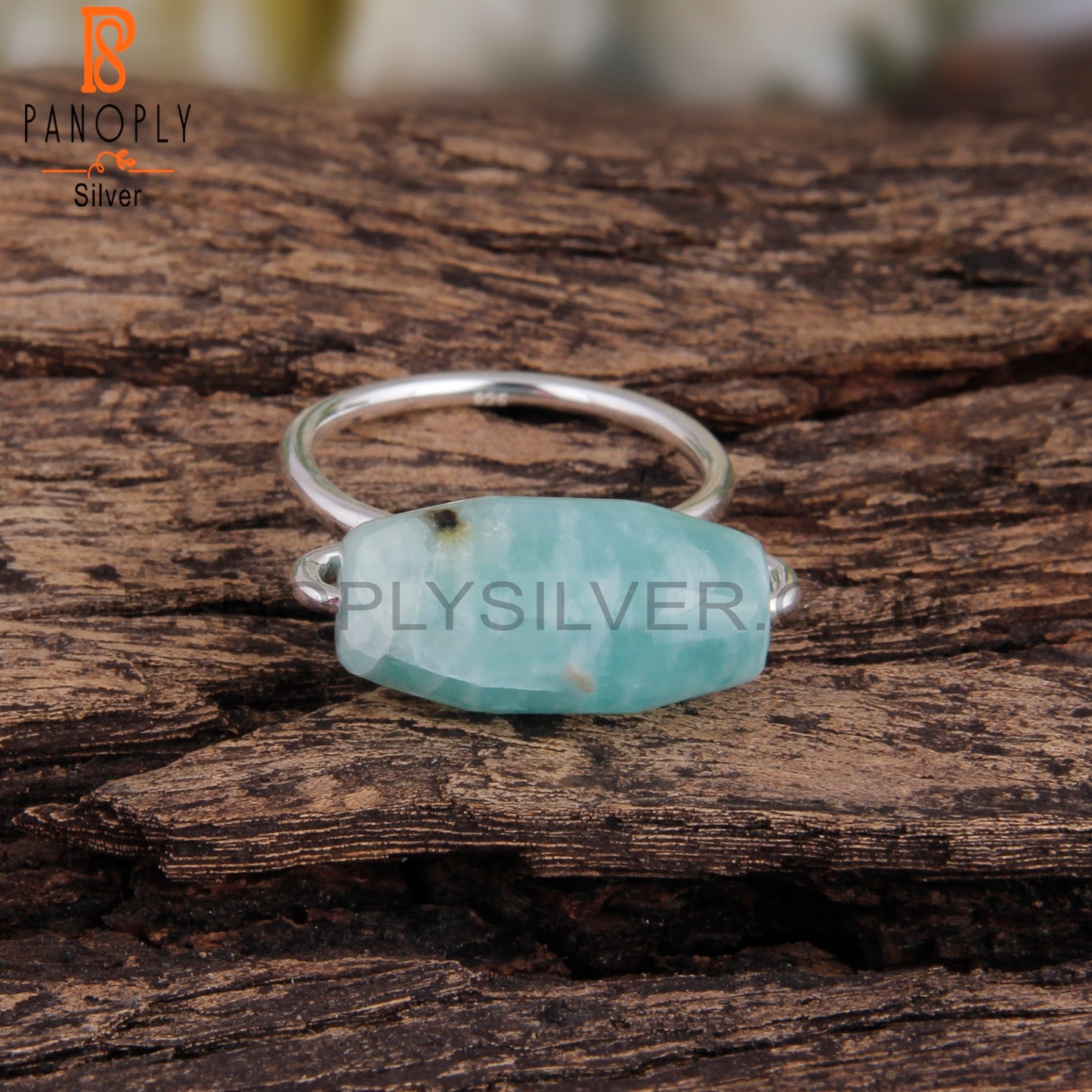 Amazonite Dholki Shape 925 Sterling Silver Ring