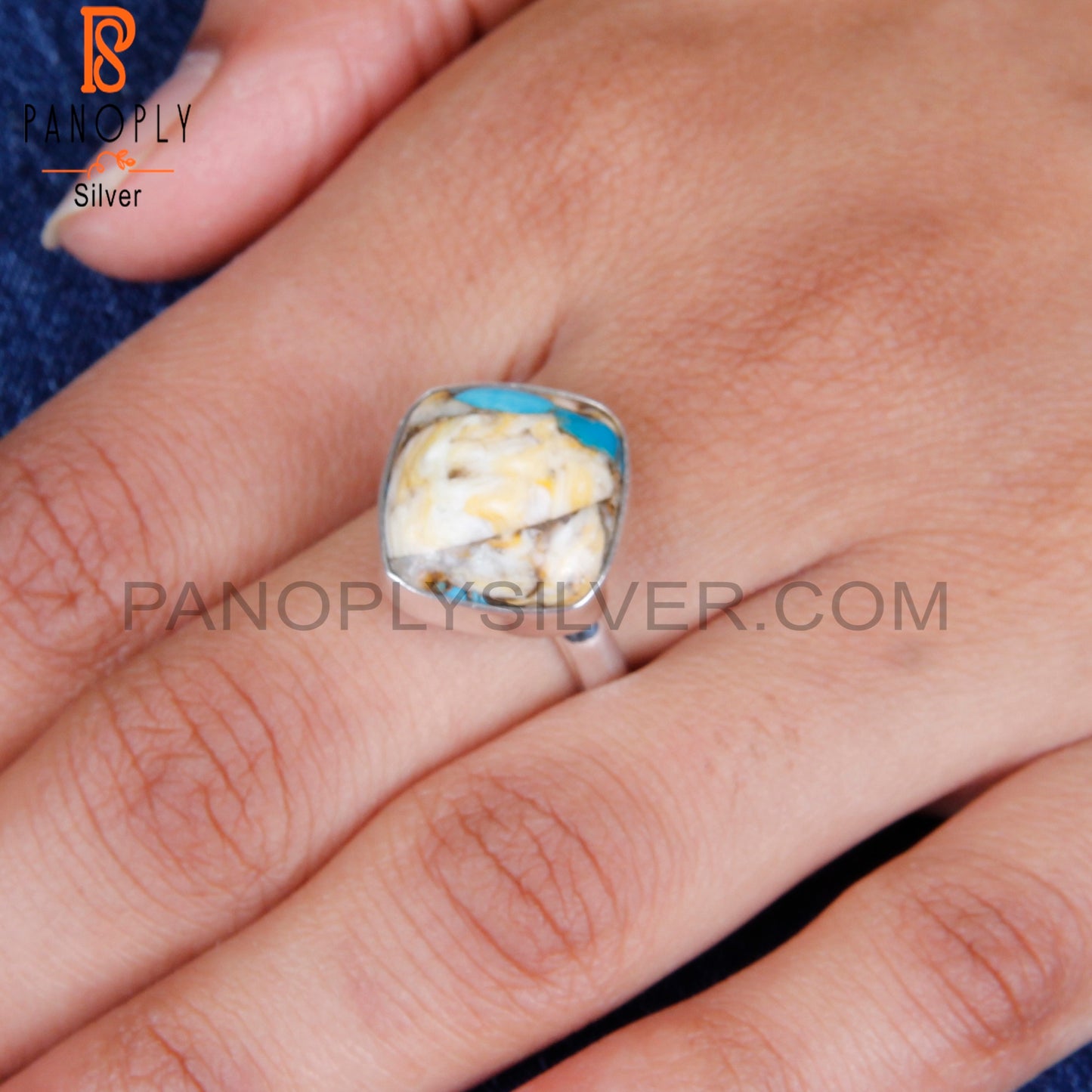 Mojave Oyster Turquoise Cushion 925 Silver Ring For Girls