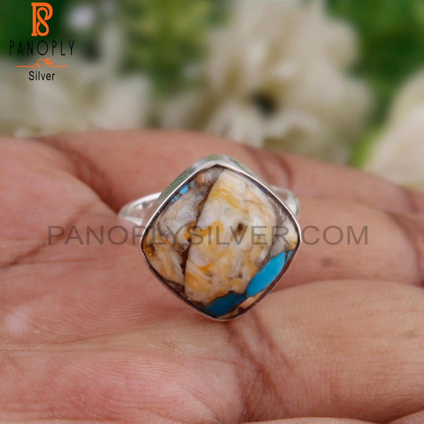 Mojave Oyster Turquoise Cushion 925 Silver Ring For Girls