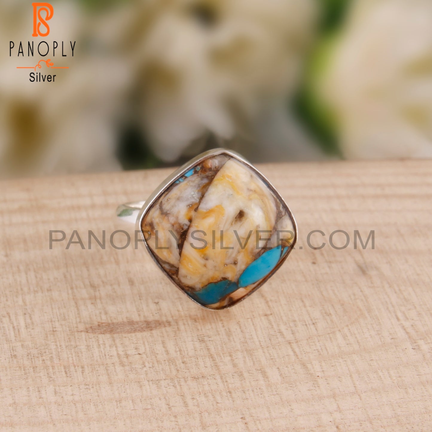 Mojave Oyster Turquoise Cushion 925 Silver Ring For Girls