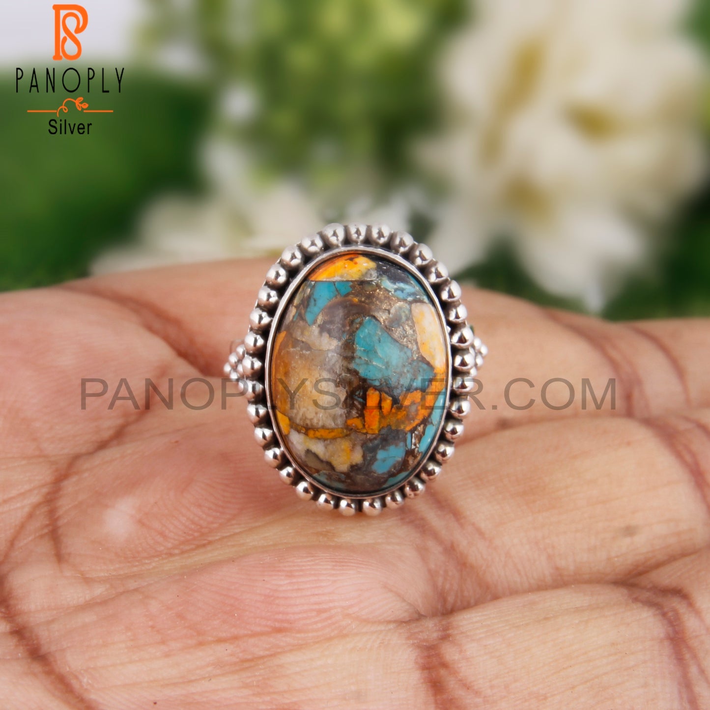 Hand hammered Mojave Bumblebee Turquoise Oval 925 Silver Ring