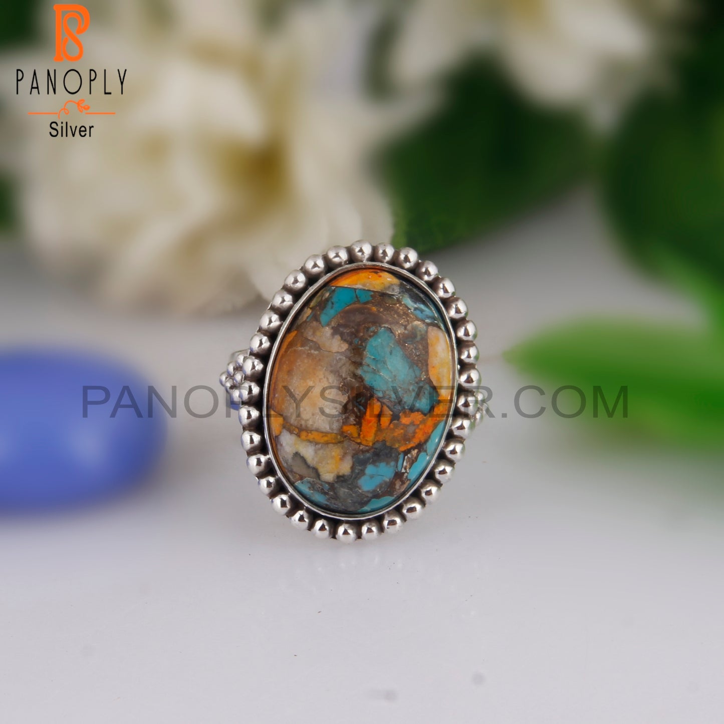 Hand hammered Mojave Bumblebee Turquoise Oval 925 Silver Ring